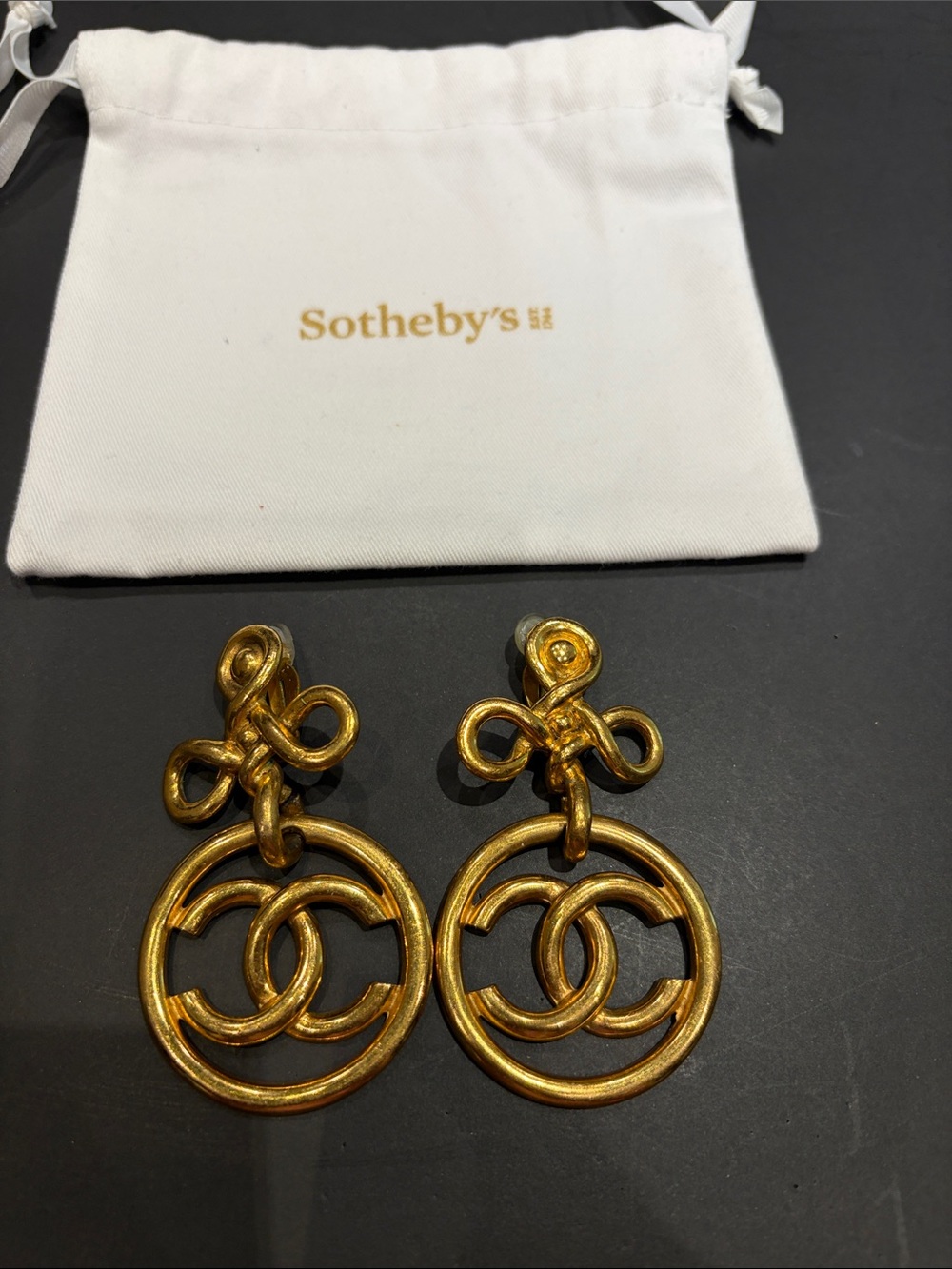 CHANEL Gold CC Circle Drop Earrings with Bow Motif